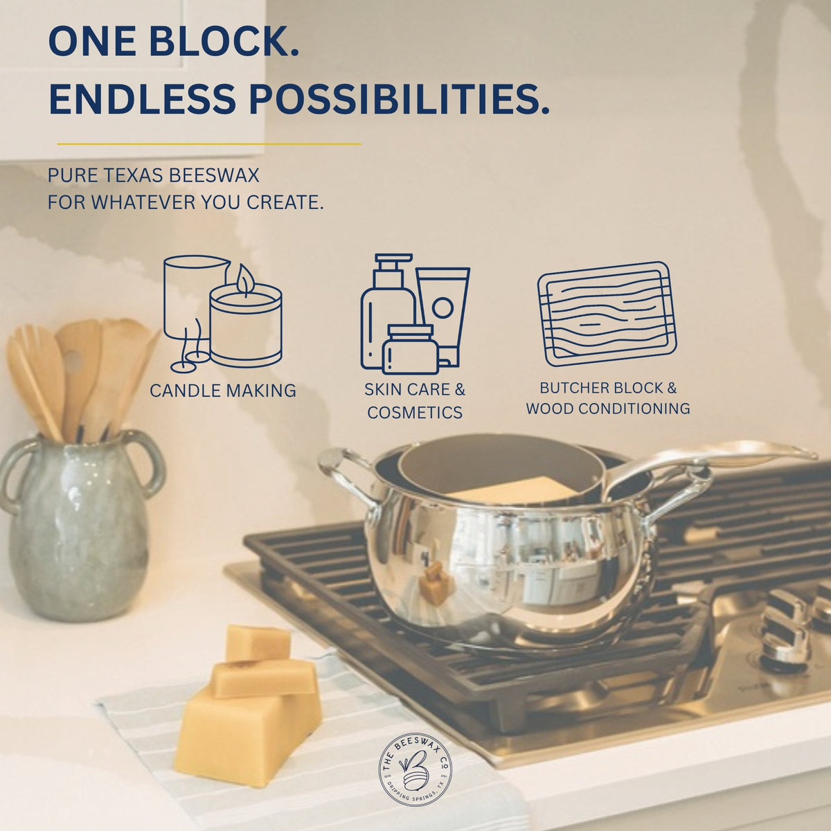 Pure Texas beeswax blocks melting on a stovetop, for candle making, skin care and butcher block conditioning
