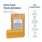One-pound block of 100% pure Texas beeswax with its pouch, carefully filtered to food-grade standards with a natural honey aroma
